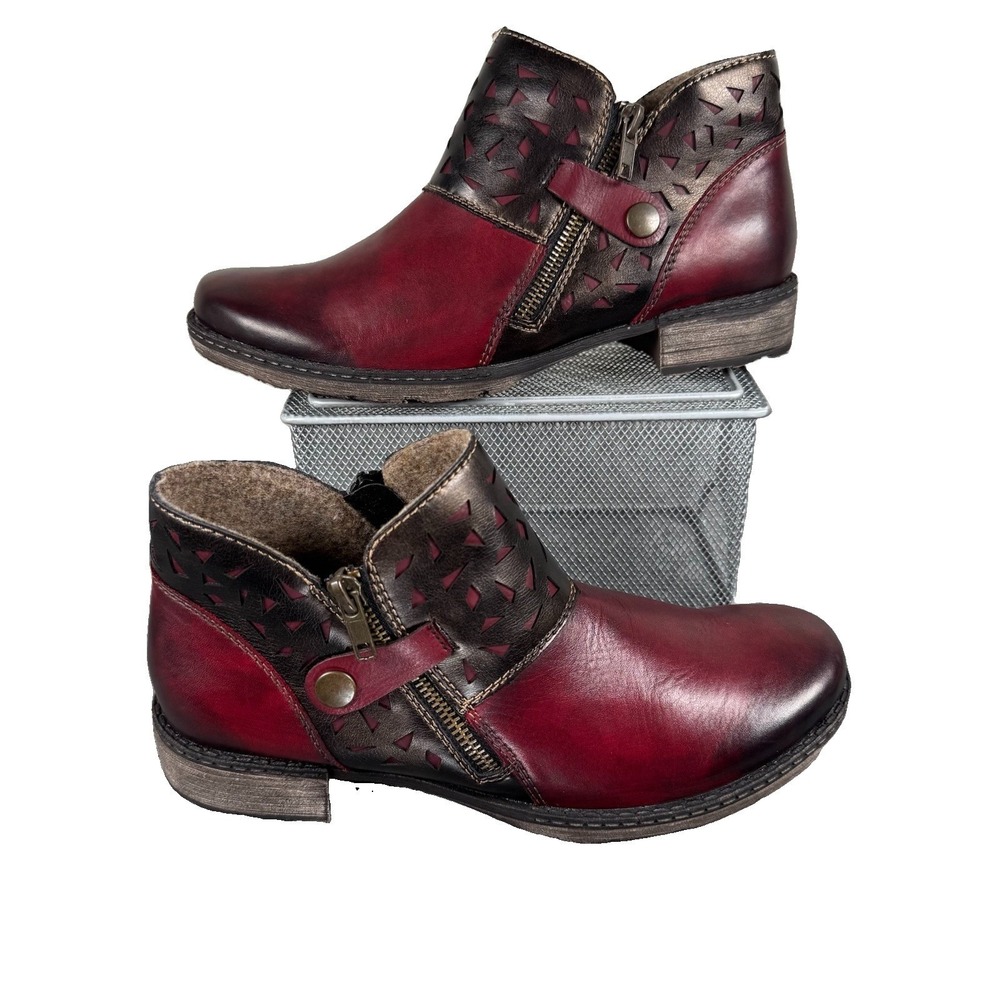 REMONTE Womens EU 38 US 7.5 Burgundy Red Metallic Bronze Leather Ankle Boots